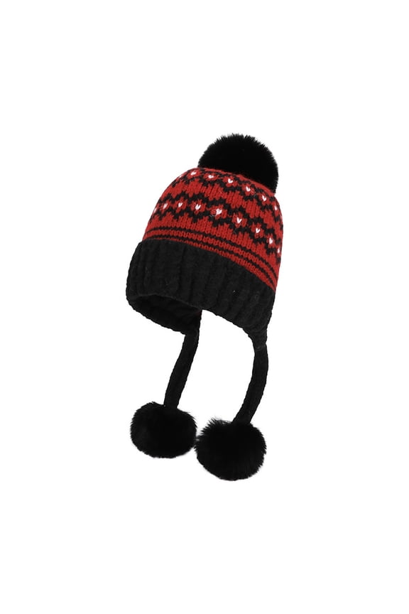 Womens Wine Earflap Hat - Warm Acrylic Knit Winter Beanie with Faux Faux Fur Pom Pom, Free Size Fits Most Adults,Size Free Size