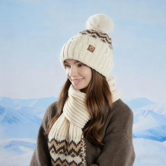 Sunvit-Panties Womens Winter Knit Hat & Scarf Set - Warm Nylon Spandex, Pom Pom, One Size Beige, Coordinated Design, Winter Essential For Women,Size Free Size