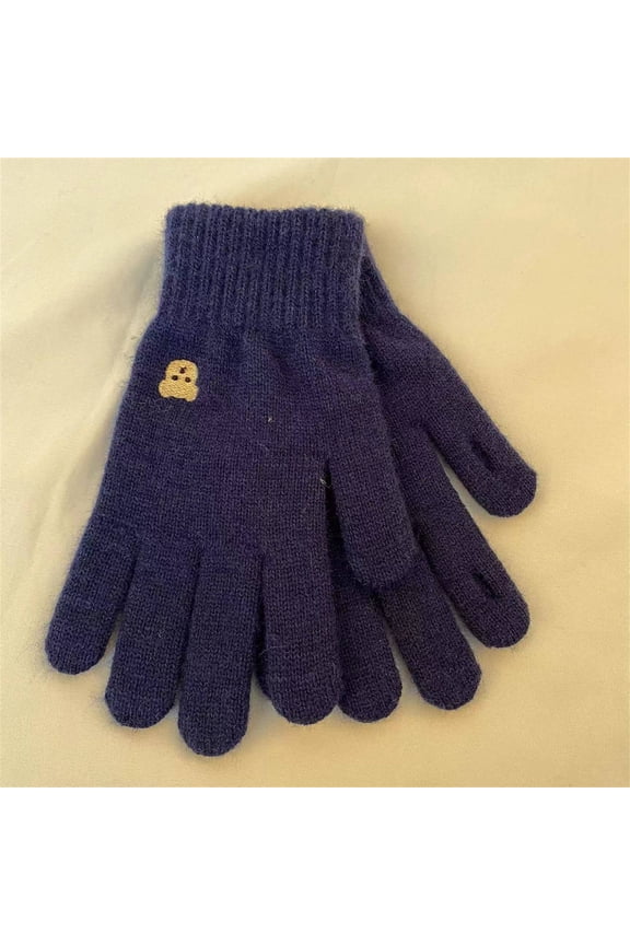 Womens Winter Touchscreen Gloves - Navy Acrylic Knit Gloves with Embroidered Ribbed Cuff, Warm Full-Finger Gloves for Cold Weather, One Size Fits Most,Size Free Size