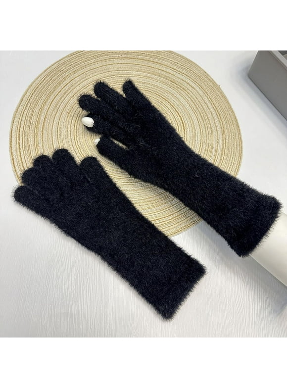 Womens XL Black Winter Gloves - Warm Fluffy Knit Long Wrist, Nylon Spandex Soft Stretch Fit for Outdoor/Daily,Size XL