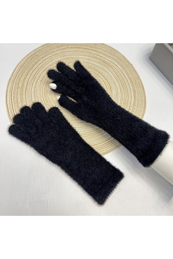 Womens XL Black Winter Gloves - Warm Fluffy Knit Long Wrist, Nylon Spandex Soft Stretch Fit for Outdoor/Daily,Size XL