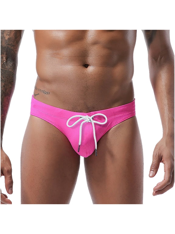 Young Mens Nylon Spandex Swim Briefs - Adjustable Waist, Beach/Pool Use - Pink, Size M