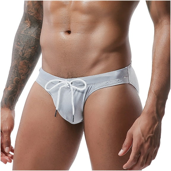 Sunvit-Panties Young Mens Swim Briefs - Nylon Spandex Blend, Low-Rise with Adjustable Drawstring, Breathable Textured Fabric, Gray Color, Size M