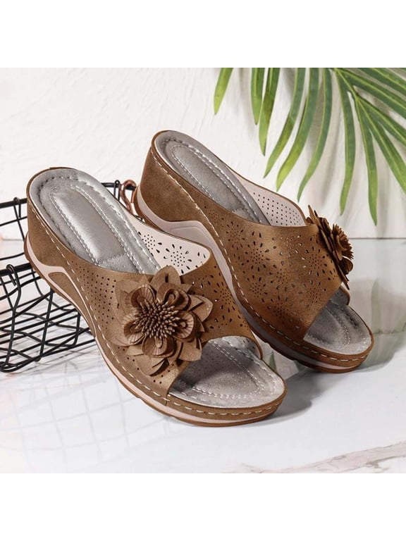 Wedge Sandals for Women Open Toe Fish Mouth Fashion Casual Summer Slide Sandals #713 Brown