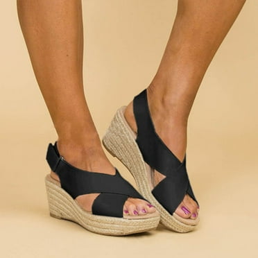 Sunvit Women's Platform Sandals Casual Espadrille Wedges Open Toe Mid Heels Summer Slide Sandals #417 Black