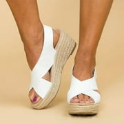 Sunvit Women's Platform Sandals Mid Heels Casual Open Toe Wedges Espadrille Summer Slide Sandals #419 White
