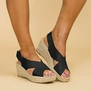 Sunvit Womens Platform Sandals Casual Open Toe Wedges Espadrille Mid Heels Summer Slide Sandals #417 Black