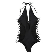 Sunvit Womens Swimsuits Sexy Halter One-piece Solid Bikini Bottoms Beachwear Swimwear #83 Black