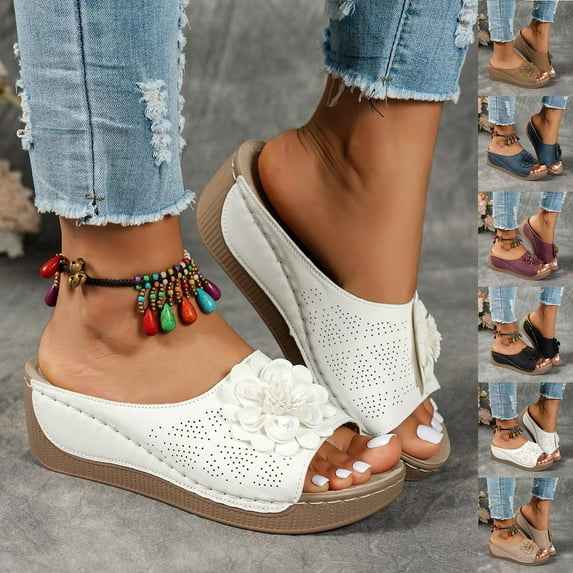 GUZOM Womens Wedge Sandals Open Toe Bohemin Fish Mouth Fashion Casual Summer Slide Sandals White