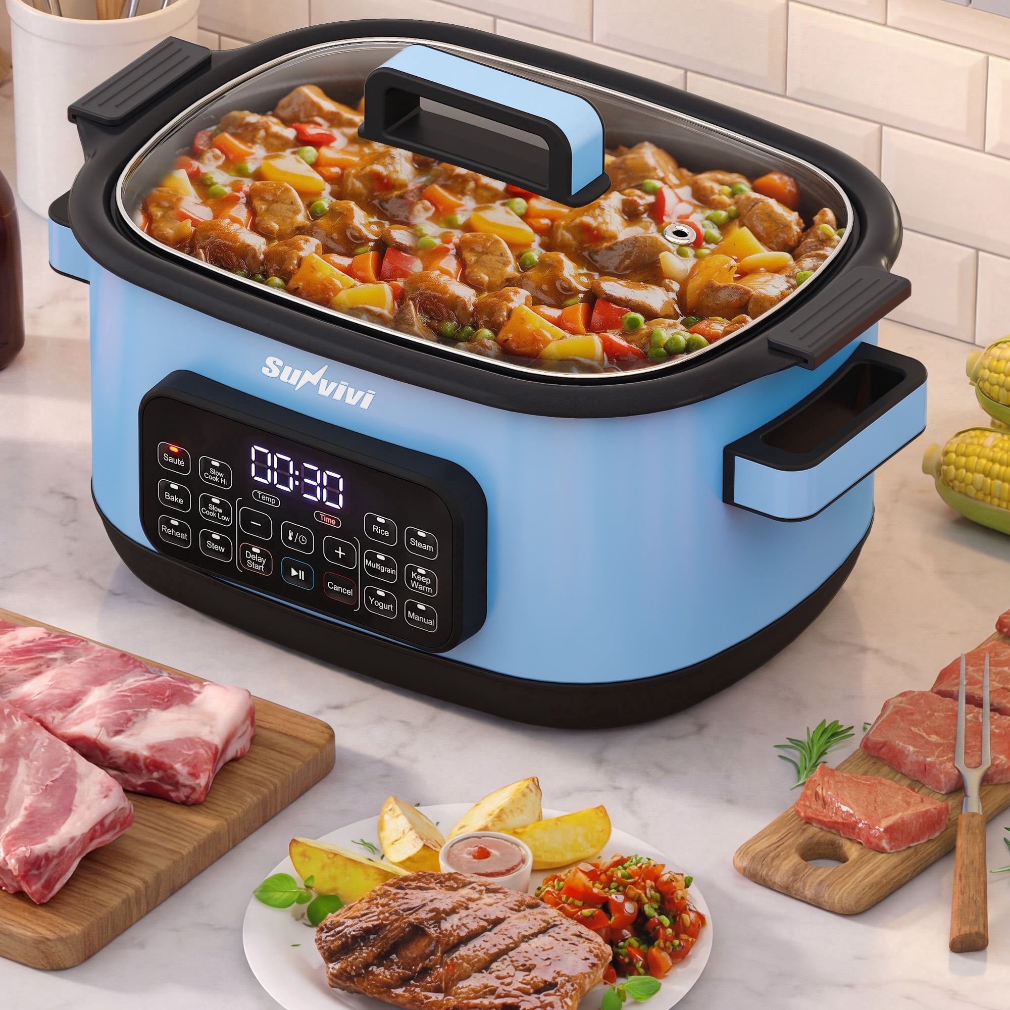 Sunvivi 12-in-1 Digital Programmable Slow Cooker, 6.5 QT Large Multicooker, Multi-Cooker with Timer, Temp Control, Blue