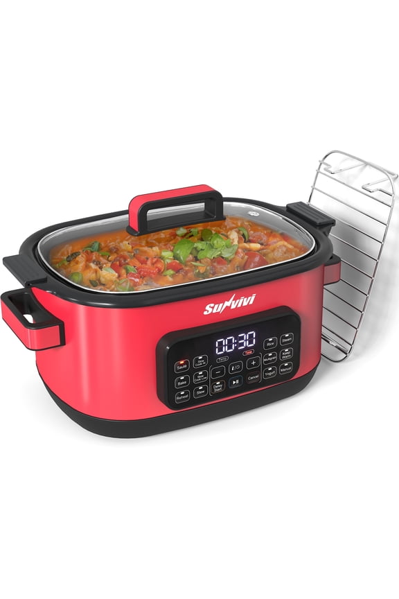 12-in-1 Digital Programmable Slow Cooker, 6.5 QT Large Multicooker, Multi-Cooker with Timer, Temp Control, Red