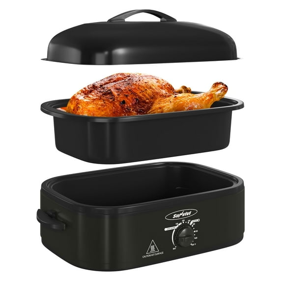 Sunvivi 14-Quart Electric Roaster Oven with Self-Basting Lid, Turkey Roaster Oven with Removable Pan and Rack, Stainless Steel, Black