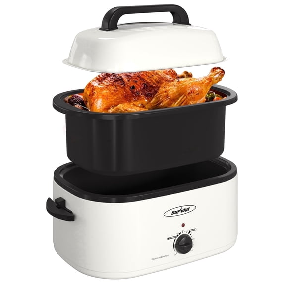 Sunvivi 26QT Electric Turkey Roaster Oven with Visible Glass Lid,Removable Pan & Rack, Stainless Steel,White
