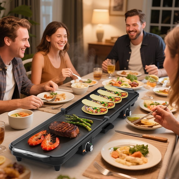 Sunvivi 1600W Black Electric Griddle with Dual Cooking Zones and non-stick surface