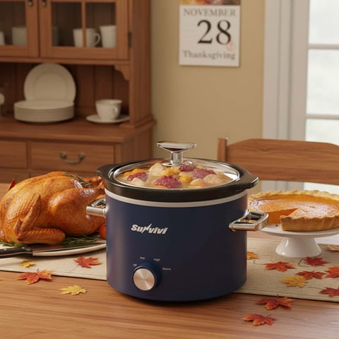 Sunvivi 2 Quart Slow Cooker With Removable Ceramic Pot and 3 Heating Settings, Stainless Steel, Blue