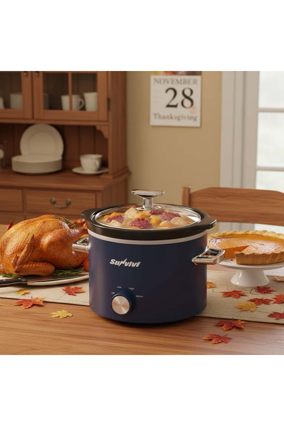 2 Quart Slow Cooker With Removable Ceramic Pot and 3 Heating Settings, Stainless Steel, Blue