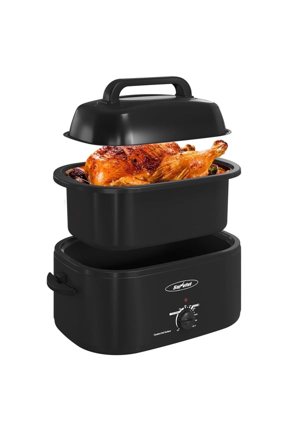 22 Quart Electric Turkey Roaster Oven with Visible Glass Lid, Removable Pan & Rack, Stainless Steel, Black