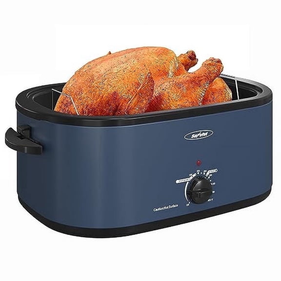 Sunvivi Roaster Oven with Self-Basting Lid, 22qt Electric Roaster with Removable Pan & Rack, Turkey Roaster Oven with Defrost & Warm Function, Stainless Steel,Blue