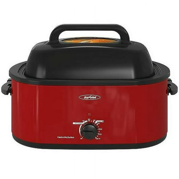 Sunvivi 22 Quart Electric Turkey Roaster Oven with Visible Glass Lid,Removable Pan & Rack, Stainless Steel,Red