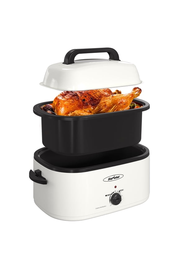 22 Quart Electric Turkey Roaster Oven with Visible Glass Lid, Removable Pan & Rack, Stainless Steel, White