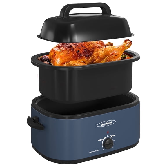 Sunvivi 24 Quart Electric Turkey Roaster Oven with Visible Glass Lid,Removable Pan & Rack, Stainless Steel,Blue