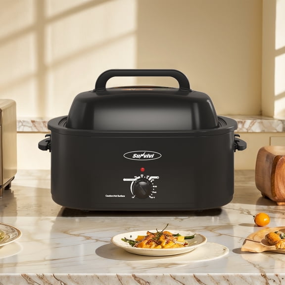 Sunvivi 26 Quart Electric Turkey Roaster Oven with Visible Glass Lid,Removable Pan & Rack, Stainless Steel, Black