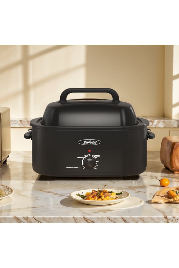 26 Quart Electric Turkey Roaster Oven with Visible Glass Lid,Removable Pan & Rack, Stainless Steel, Black