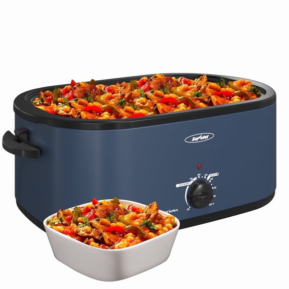 Sunvivi Upgraded 26 Quart Family Size Electric Turkey Roaster Oven with Visible Glass Lid, Removable Pan & Rack, Stainless Steel, Blue