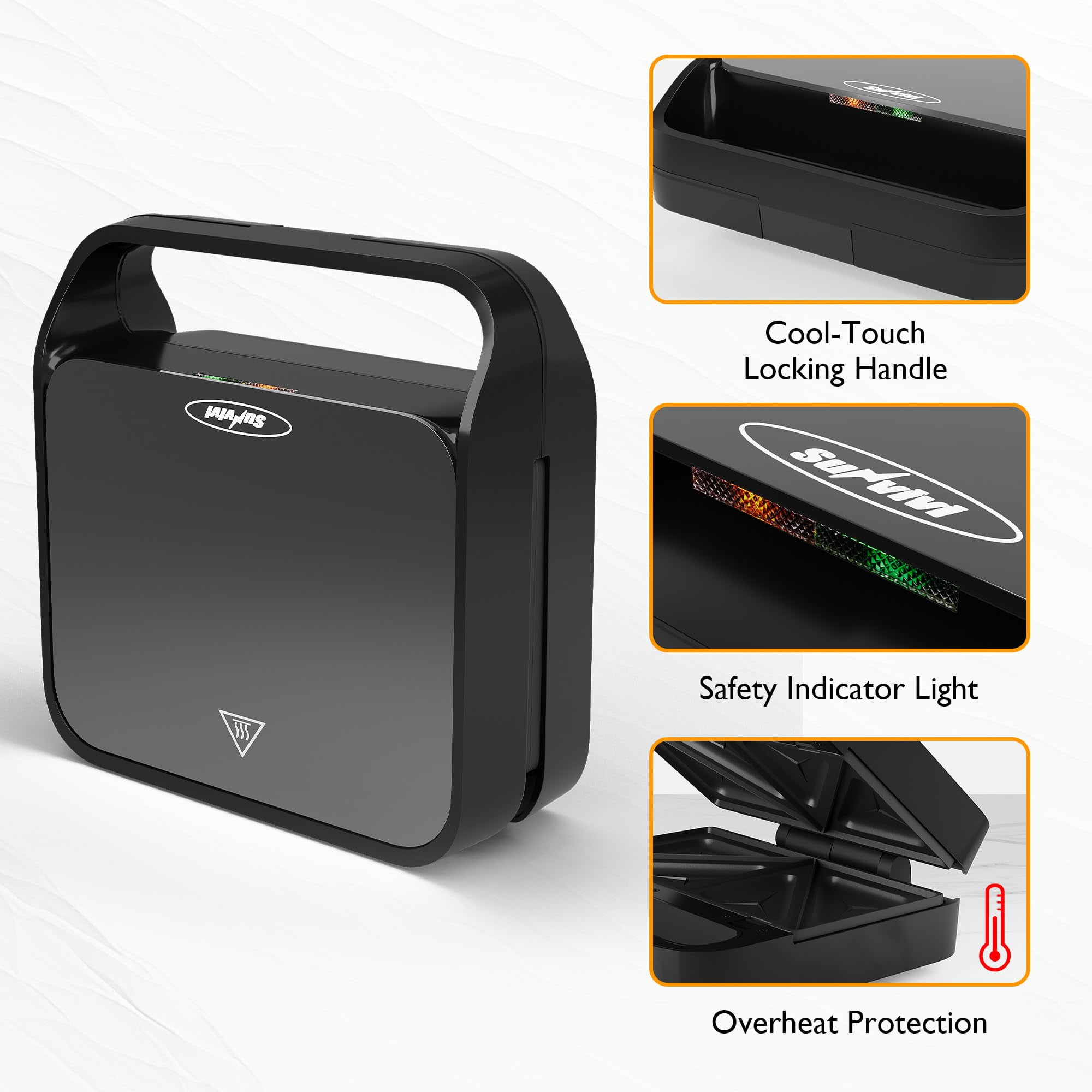 Sunvivi 3 in 1 Sandwich Maker, Electric Waffle Maker with Glass Panel, Removable Plates, Black