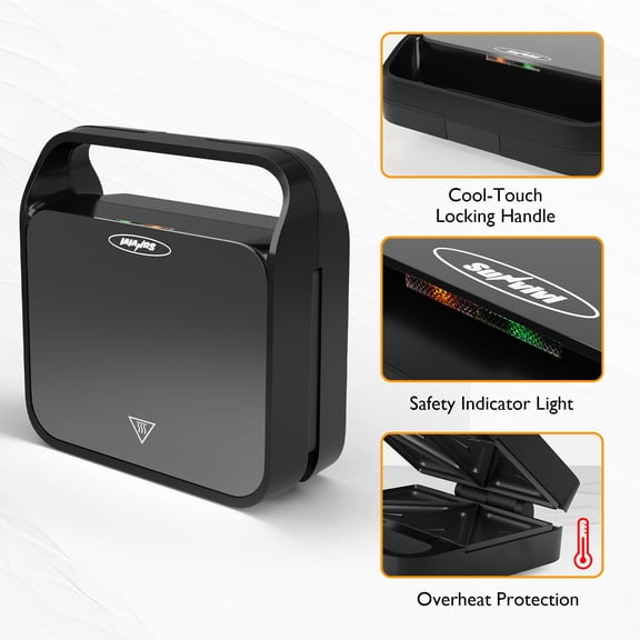 Sunvivi 3 in 1 Sandwich Maker, Electric Waffle Maker with Glass Panel, Removable Plates, Black
