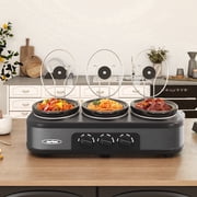 Sunvivi 3-in-1 Crock Pot Slow Cooker, 4.5QT Buffet Server and Food Warmer with 3 Removable Ceramic Pots, Crockpot with 3 Spoons and Lid Rests for Parties, Picnics, Grey