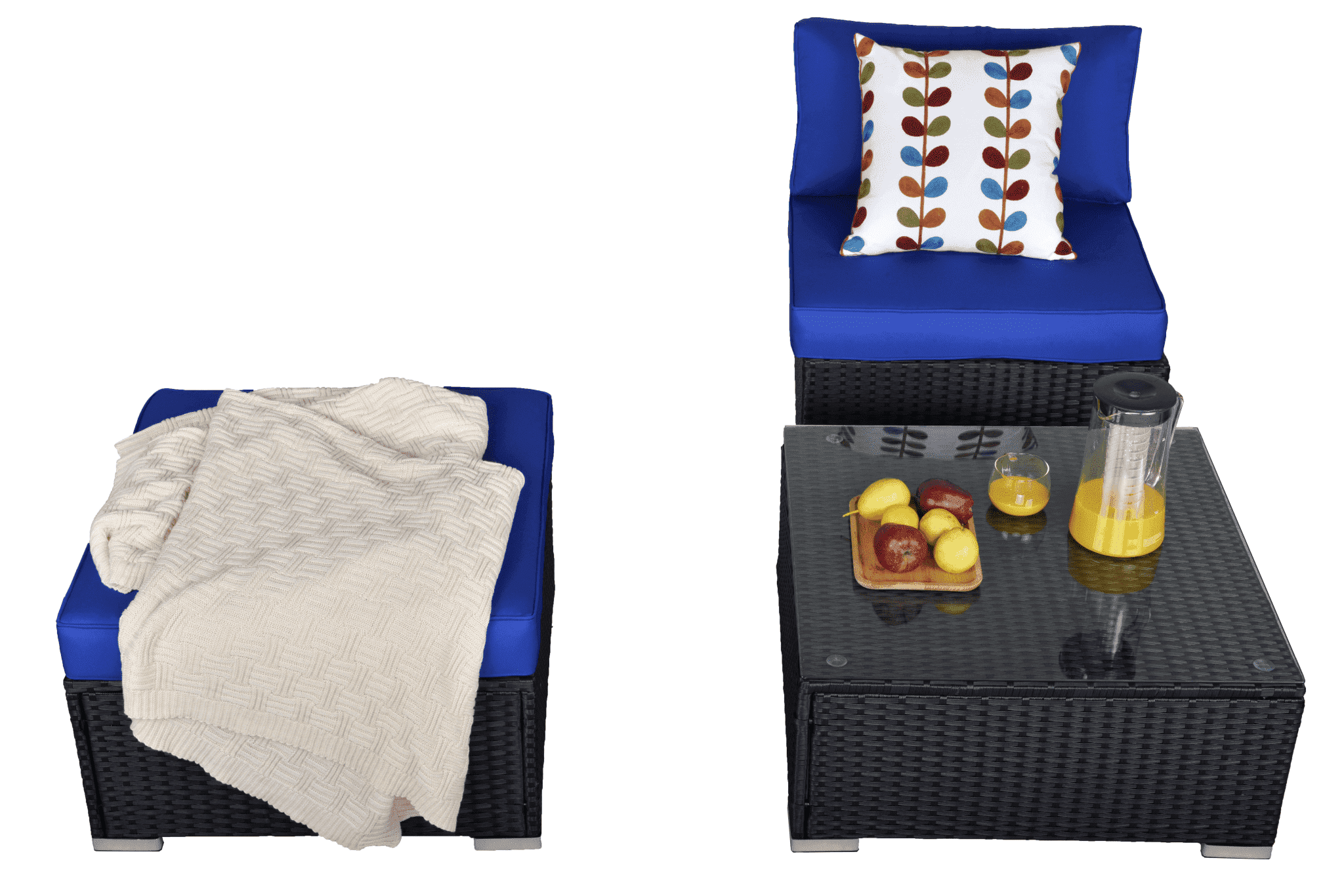 Sunvivi 3PCS Wicker Patio Armless Sofa Chairs with Wicker Coffee Table, Create the Patio of Your Dreams With Our Modular Furniture Sets, Black and Blue, PE Wicker