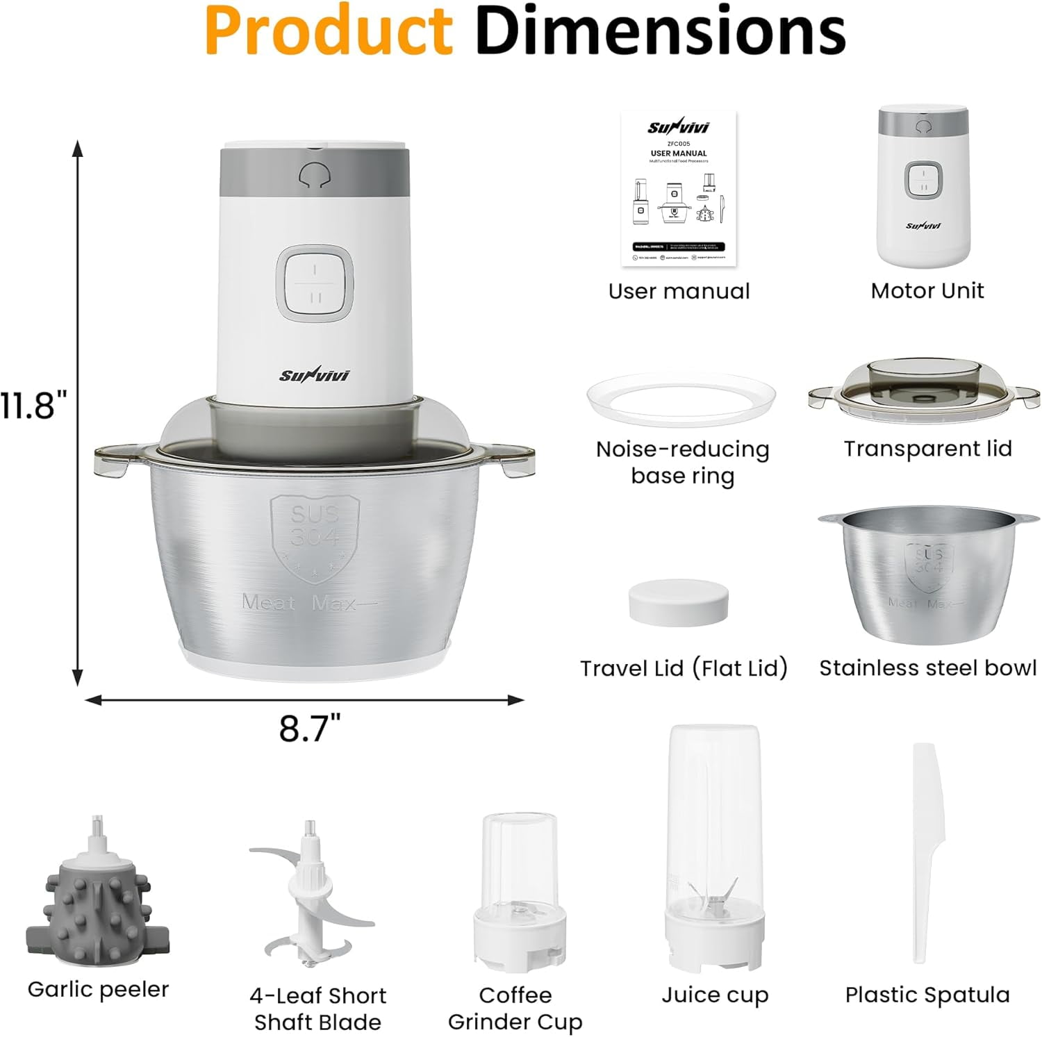 4-IN-1 Electric Food Processor with 350W Motor for Meat, Vegetables, Juicing & Coffee Grinding, Portable Blender with Stainless Steel Bowl and 2 Cups, White