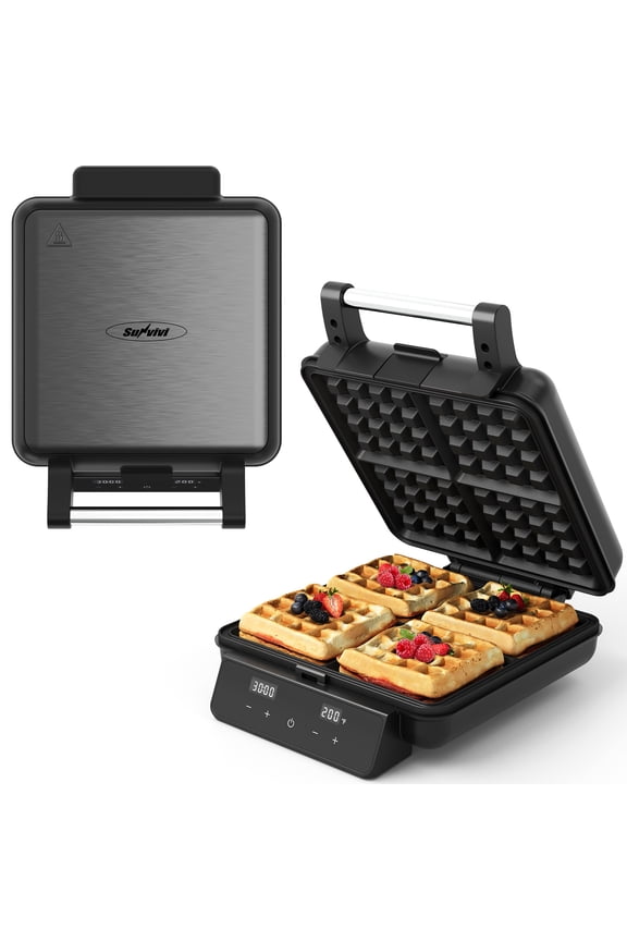 4-Slice Belgian Waffle Maker, 1200W Waffle Iron with LCD Timer, Temp Control & Nonstick Plates, Stainless Steel, Black