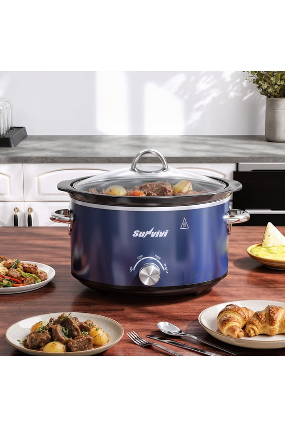 4QT Compact Slow Cooker & Food Warmer with 3 Temperature Settings, Removable Ceramic Pot, Dishwasher-Safe Glass Lid, Stainless Steel - Blue
