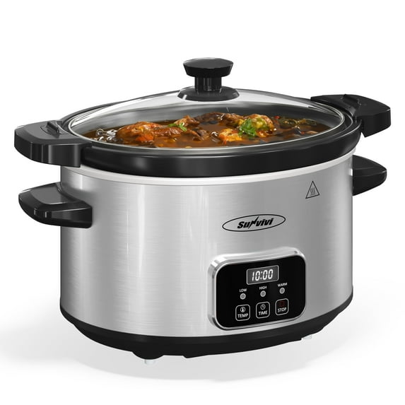 Sunvivi 4QT Programmable Slow Cooker with Locking Lid, Removable Ceramic Pot, 3 Heating Settings & Timer, Stainless Steel, Silver