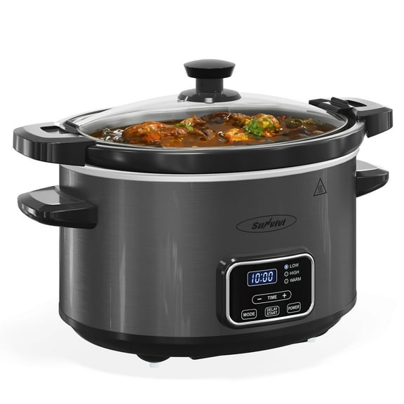 Sunvivi 4QT Slow Cooker, Programmable Pot with Locking Lid, Removable Ceramic Pot, 3 Heating Settings & Time Control,Dishwasher-safe Lid & Pot, Grey
