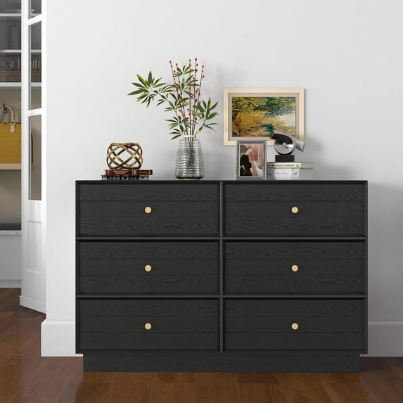 Sunvivi 6 Drawer Dresser, Modern Closet Dressers Chest of Drawers with Crystal Knobs & Decorative Painted Strip, Black
