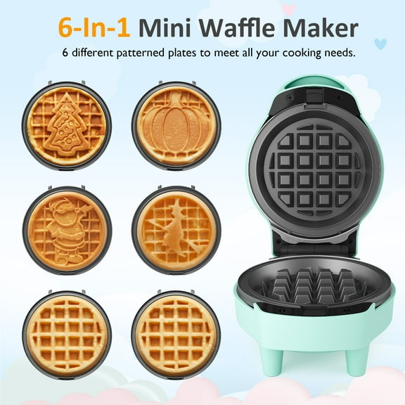 Sunvivi 6-in-1 Mini Waffle Maker, 4" Waffle Iron with Nonstick Removable Plates (Santa, Christmas Tree, Witch, Pumpkin), Light Blue