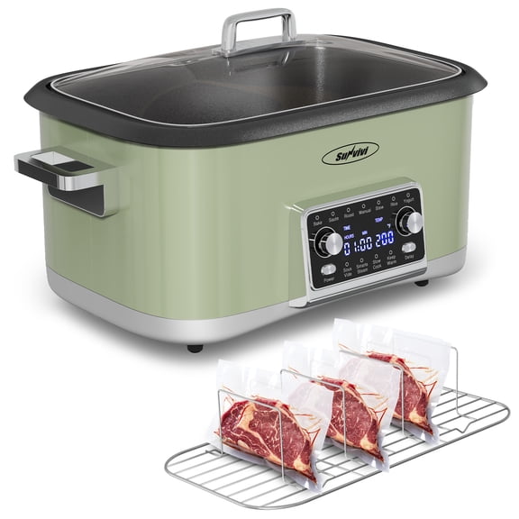 Sunvivi 8-Quart 12-in-1 Programmable Slow Cooker Roaster Oven, Multi-Cooker with Digital Timer, Adjustable Temperature, Removable Non-Stick Pot & Dishwasher-Safe Glass Lid, Green