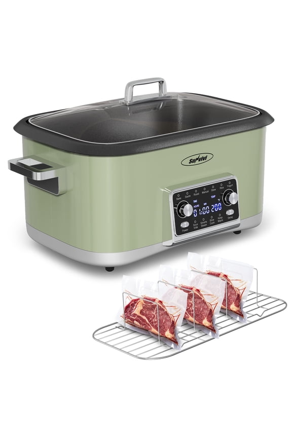 8-Quart 12-in-1 Programmable Slow Cooker Roaster Oven, Multi-Cooker with Digital Timer, Adjustable Temperature, Removable Non-Stick Pot & Dishwasher-Safe Glass Lid, Green