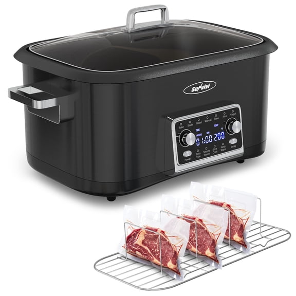 Sunvivi 8-Quart 12-in-1 Programmable Slow Cooker Roaster Oven, Multi-Cooker with Digital Timer, Adjustable Temperature, Removable Non-Stick Pot & Dishwasher-Safe Glass Lid, Black