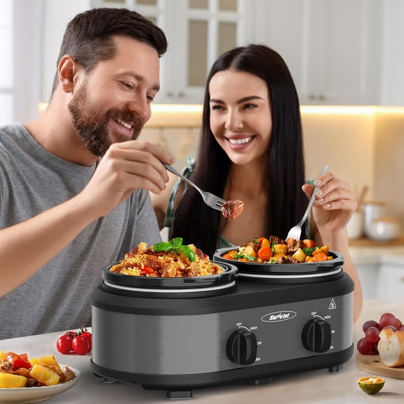 Sunvivi Dual Slow Cooker, Buffet Servers and Warmer with 2 Removable Ceramic Pots, Slow Cooker Food Warmer with Adjustable Temp & Glass Lids, Stainless Steel, 2 x 1.25 QT, Silver Grey