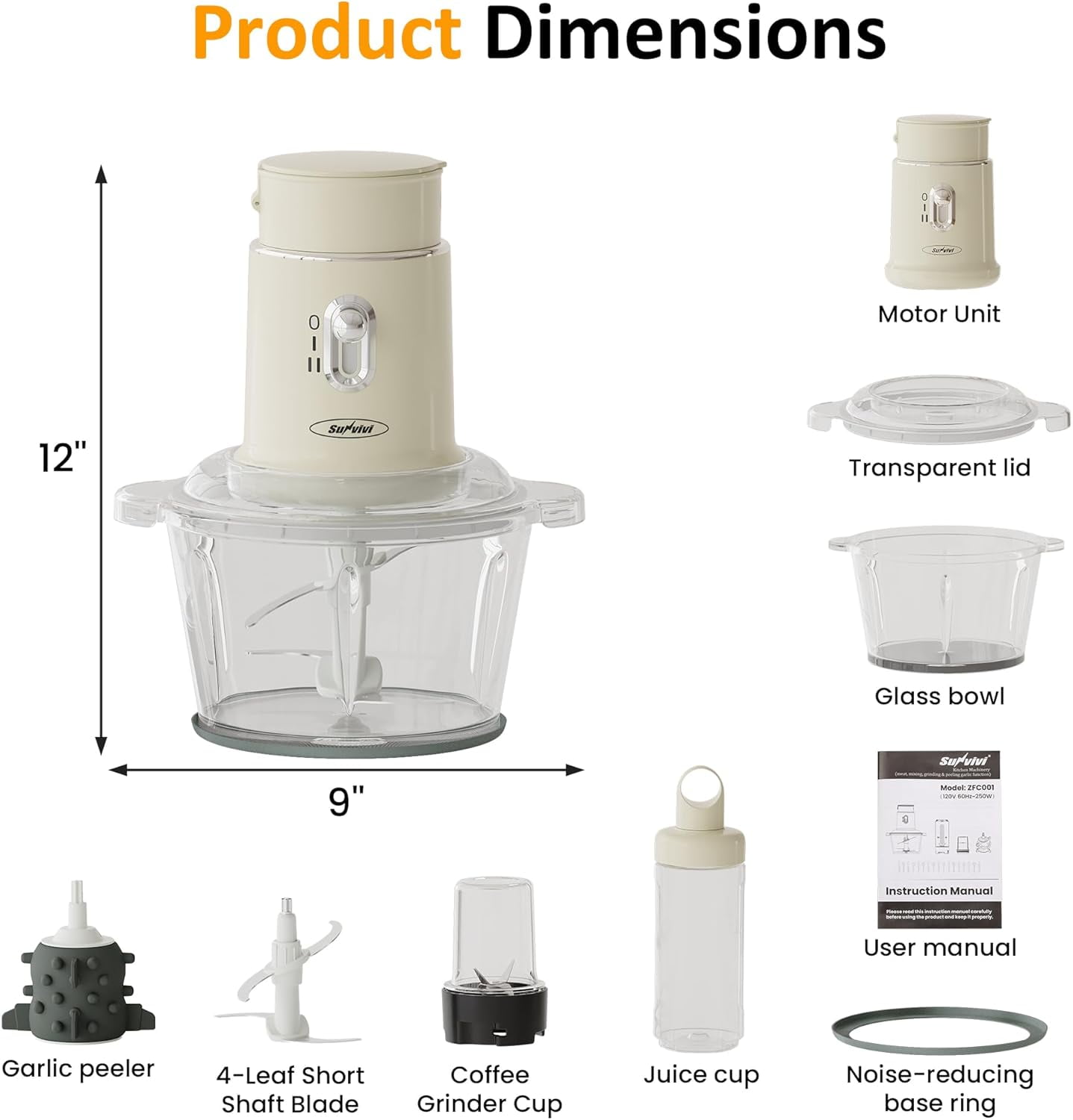 Electric Food Chopper 4-in-1 Small Processor with Glass Bowl & Cups for Meat Grinding Garlic Peeling Juicing Beige