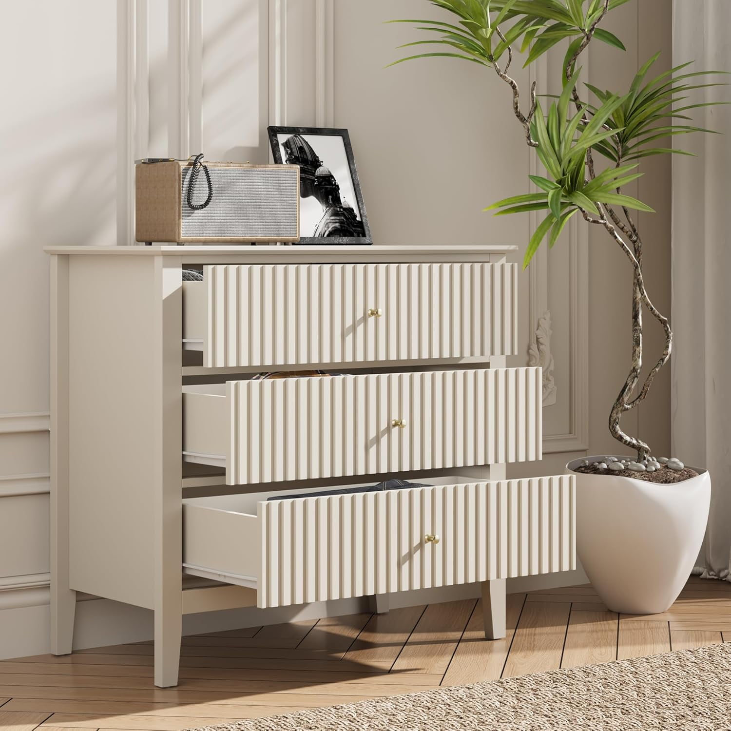 Sunvivi Large Chest of 3 Drawers, Modern Dresser with Ball Bearing ...