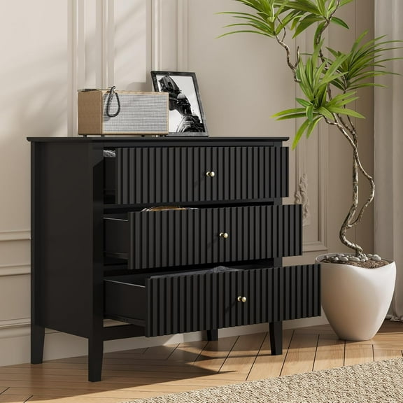 Sunvivi Large Chest of 3 Drawers, Modern Nightstand Cabinet with Ball Bearing Slide - Black