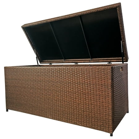 Sunvivi Large Patio Storage Box with Waterproof Inner, 140 Gallon Outdoor Wicker Storage Bin for Cushions, Garden Tools, Pool Toys, Aluminum Frame, Brown