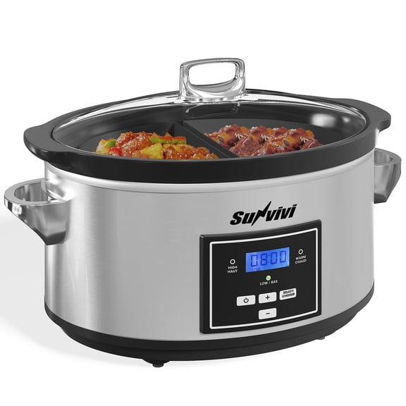 Sunvivi Programmable Slow Cookers 6 Quart with 2 in 1 Silicone Liners, Multi-Cooker Food Warmer with Digital Timer, 3 Cooking Settings, Silver