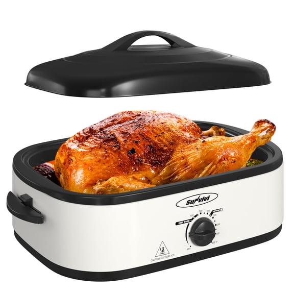 Sunvivi Roaster Oven with Self-Basting Lid, 14qt Electric Roaster with Removable Pan & Rack, Turkey Roaster Oven with Defrost & Warm Function, Stainless Steel, White