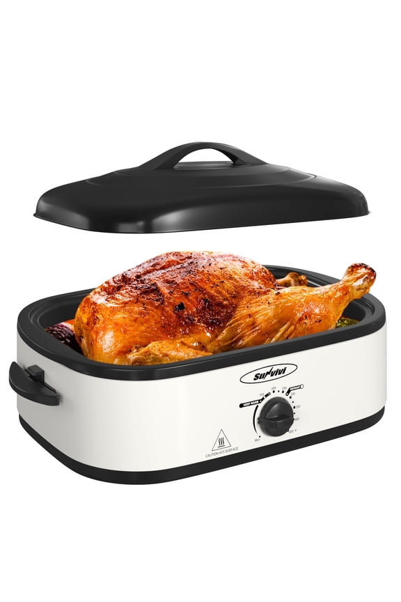 Roaster Oven with Self-Basting Lid, 14qt Electric Roaster with Removable Pan & Rack, Turkey Roaster Oven with Defrost & Warm Function, Stainless Steel, White